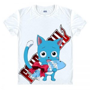 Fairy Tail Shirt フェアリーテイル Happy Gifting Fish Asian M / White Official Fairy Tail Merch