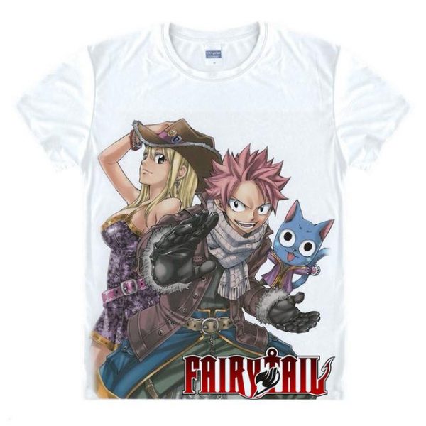 Fairy Tail Shirt フェアリーテイル Lucy, Natsu and Happy Asian M / White Official Fairy Tail Merch